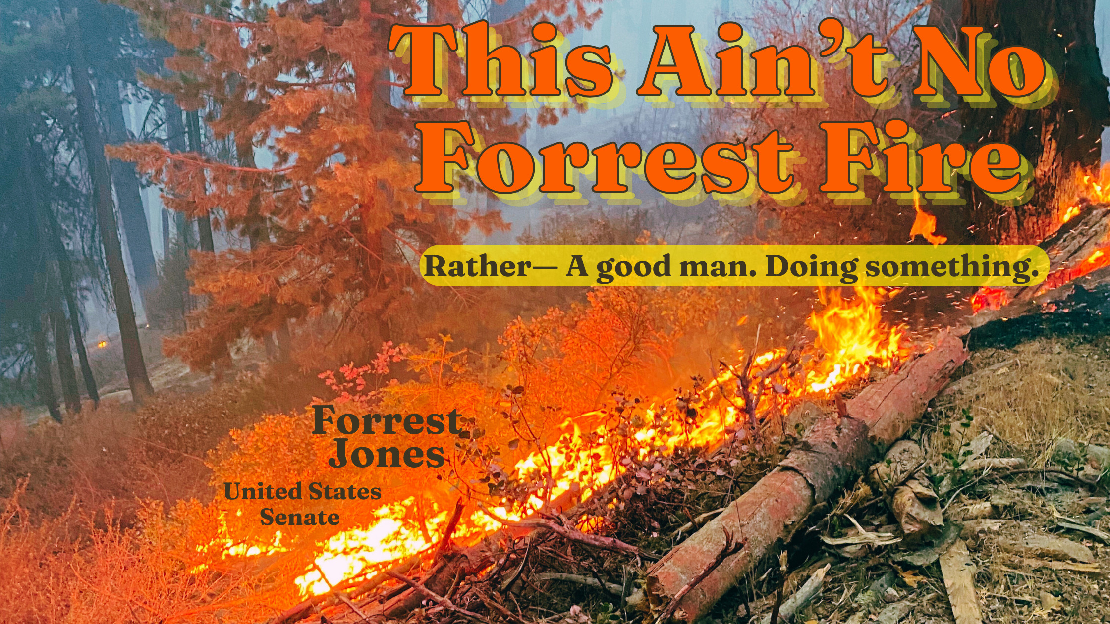 Image of an active forest fire. Title text on image reads "This ain't no Forrest fire". Other text reads "A good man. Doing Something." and "Forrest Jones United States Senate"