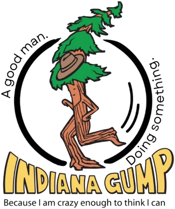 Indiana Gump logo: a running tree in a fedora inside a circle, with the words A good man. Doing something.